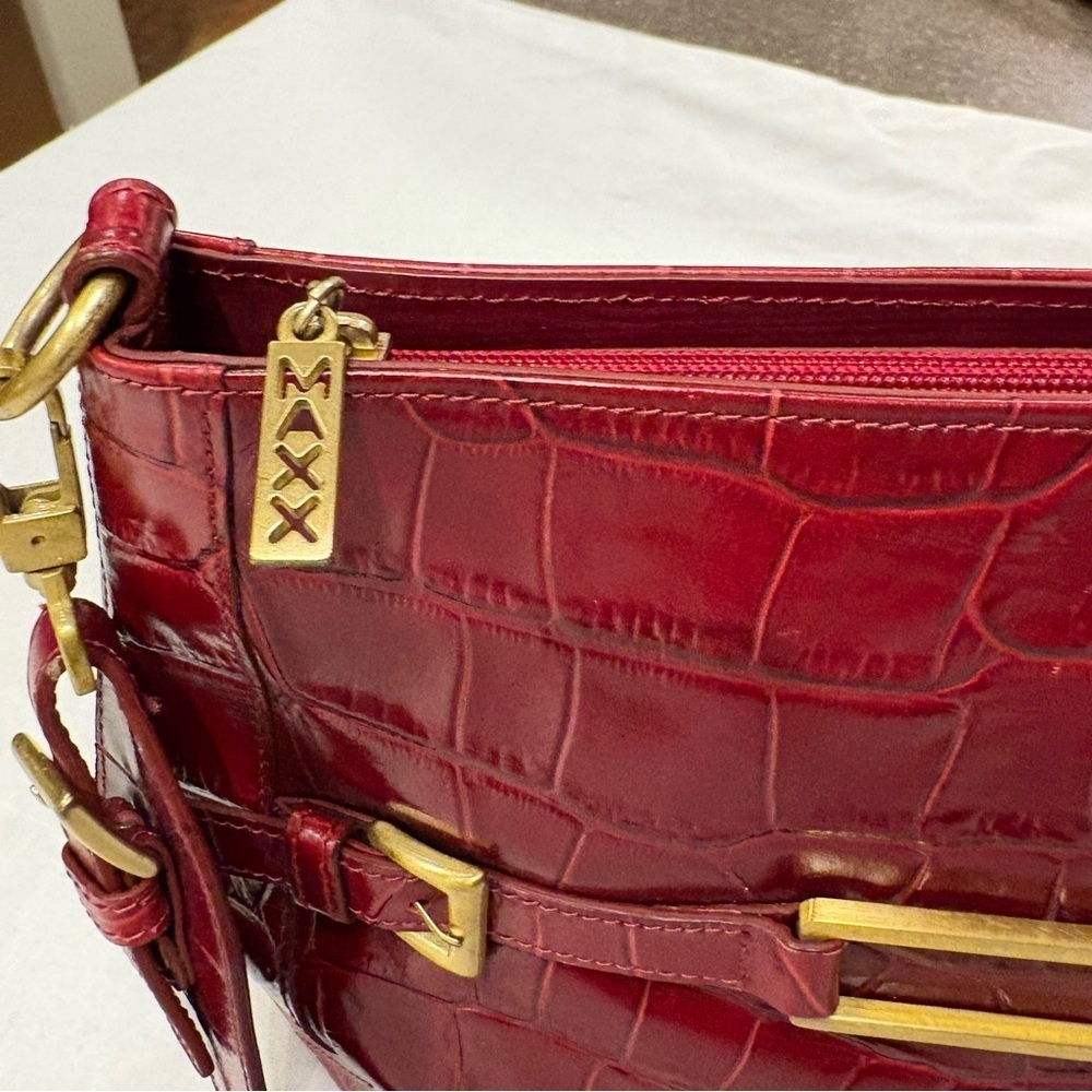 Maxx New York Deep Red Croc-Embossed Shoulder Bag Gold Buckle - Picture 3 of 13
